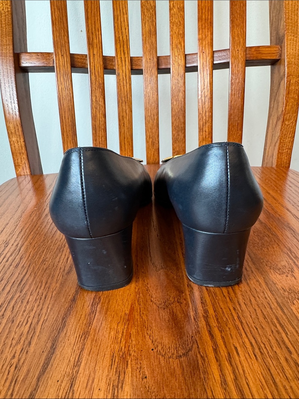 Ferragamo Navy Blue Leather Heels with Gold Buckle Accent - Picture 4 of 7